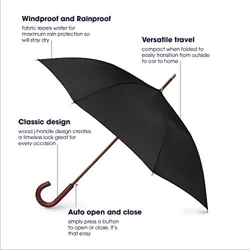 Totes Eco Auto Open Umbrella Classic Wooden J Stick Handle with Easy Grip - Windproof, Rainproof and Durable Canopy Design – Versatile Travel, Perfect for Rainy Days - Image 4