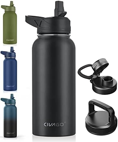 CIVAGO 32 oz Insulated Water Bottle With Straw, Stainless Steel Sports Water Cup Flask with 3 Lids (Straw, Spout and Handle Lid), Wide Mouth Travel Thermal Mug, Black